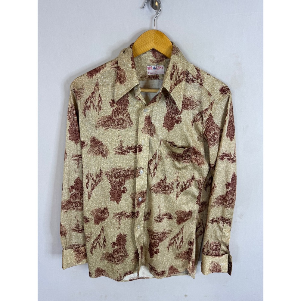 Vintage Camy Scenic Landscape Print Button Down Shirt Tan Burgundy Long Sleeve